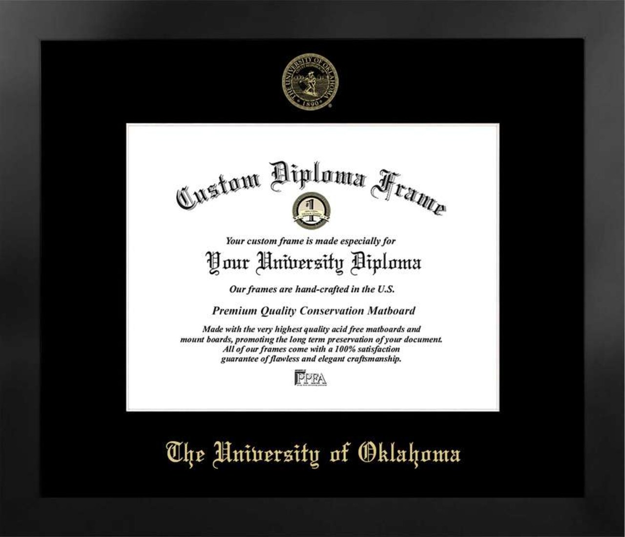 University of Oklahoma 11w x 8.5h Manhattan Black Single Mat Gold Embossed Diploma Frame with Bonus Campus Images Lithograph (value savings at $59)